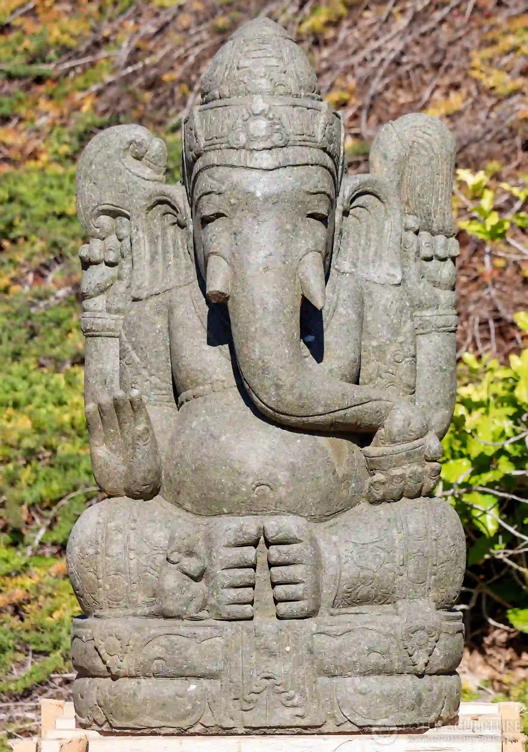 Ganesh Stone Garden Statue in Abhaya Mudra with Axe, Fly Whisk & Mooshika 39"