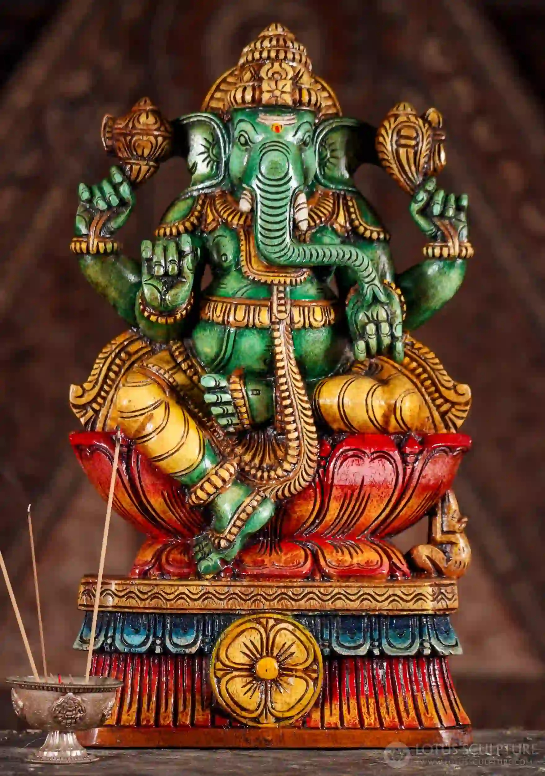 Ganesha Painted Wooden Statue in Lalitasana: Goad, Noose & Sweets 18"