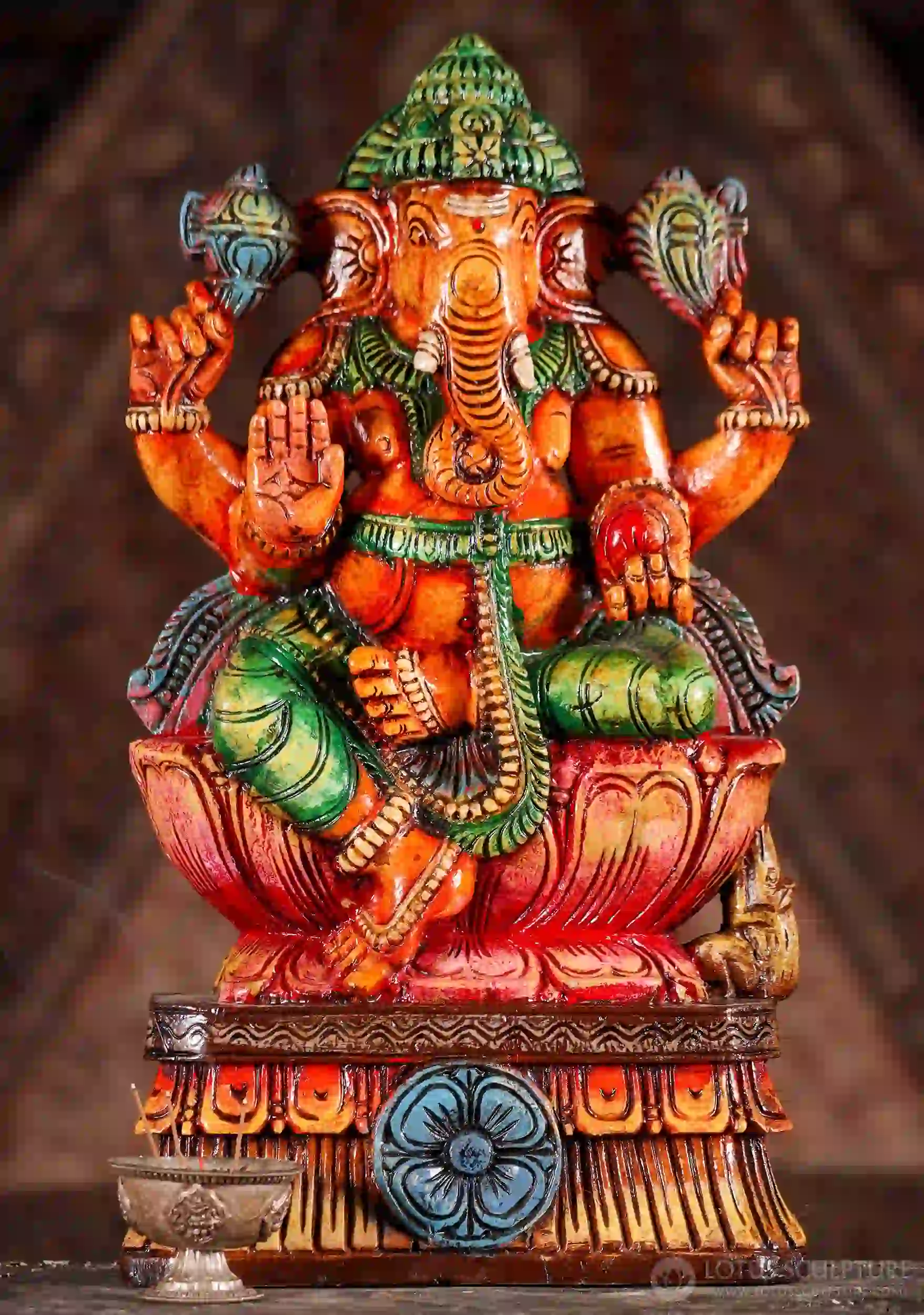 Ganesha Wooden Sculpture in Abhaya Mudra with Goad, Noose, and Mango Slice 18"