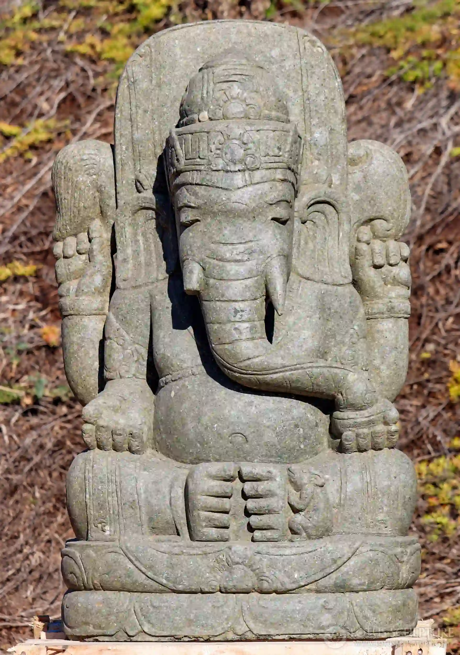 Ganesha Lava Stone Garden Statue, Seated with Sweets & Mahakala Back 39"