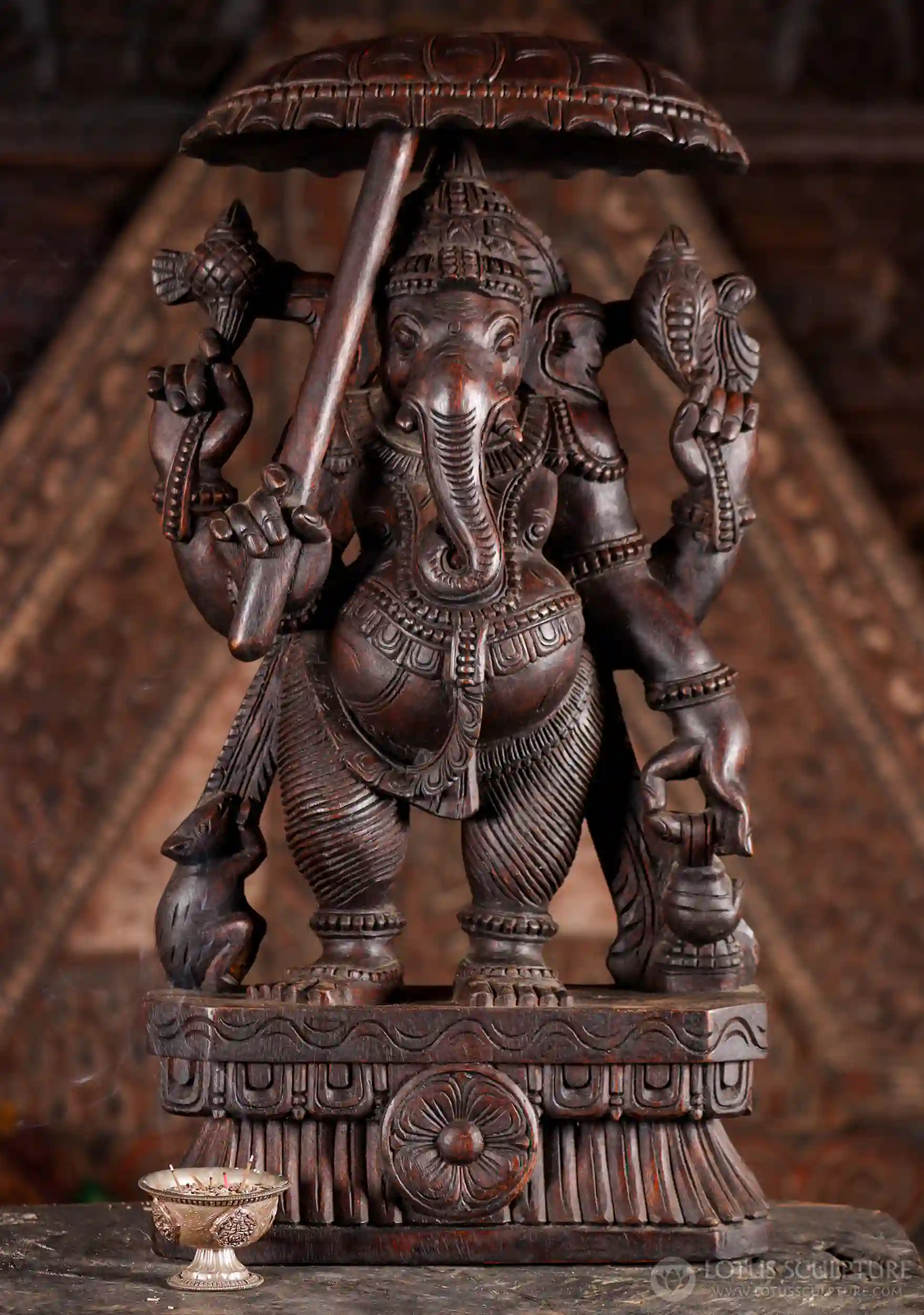Ganesha Bridegroom Wooden Statue with Umbrella, Goad, Noose & Water Vessel 24"