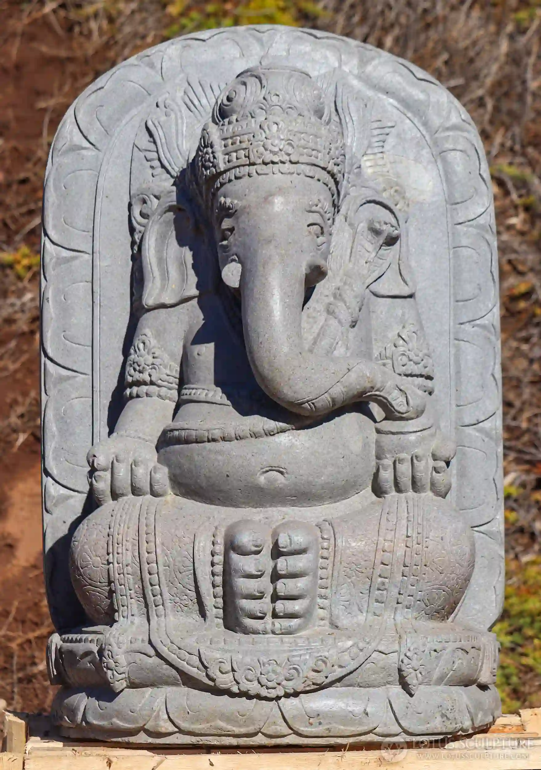 Ganesh Stone Sculpture Seated Hindu God on Lotus Base with Arched Background 39"