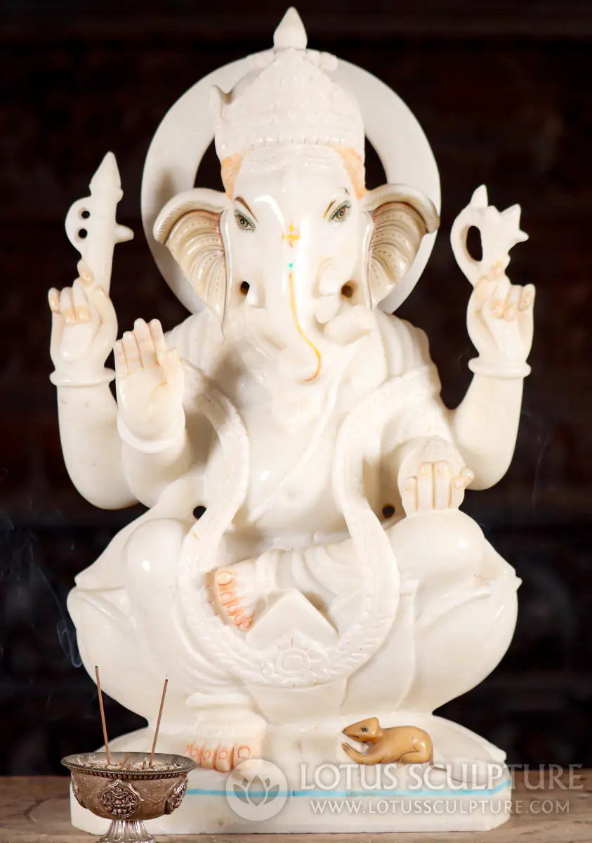 Ganesha White Marble Seated on Lotus with Goad Noose and Sweets Abhaya 18"