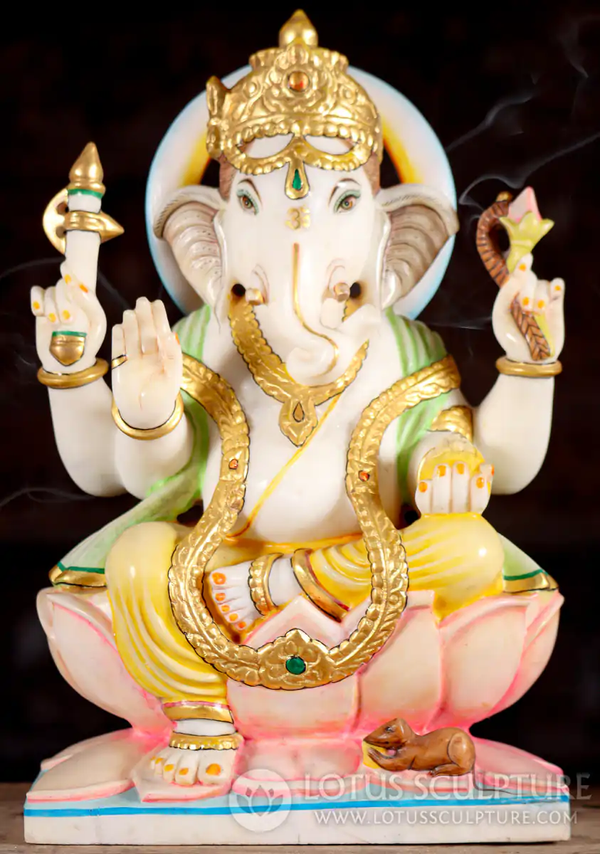 Ganesha Painted White Marble Sculpture Seated on Lotus with Goad, Noose & Sweets 15"