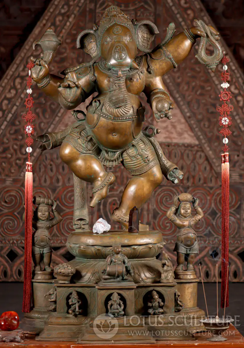 Dancing Ganesha Statue with 2 Gana, Mooshika, Nandi, & Five Musical Ganapathi Statues 42"