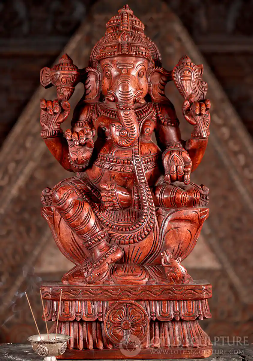 Ganesha Hand-Carved Wood Statue in Lalitasana with Goad, Noose, Mango, and Broken Tusk 24"