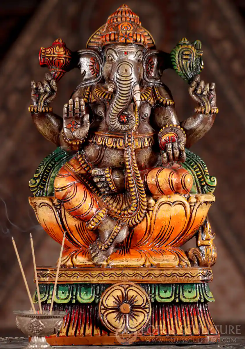 Ganesha Hand-Carved Wooden Statue in Lalitasana with Abhaya Mudra on Lotus Base 18"
