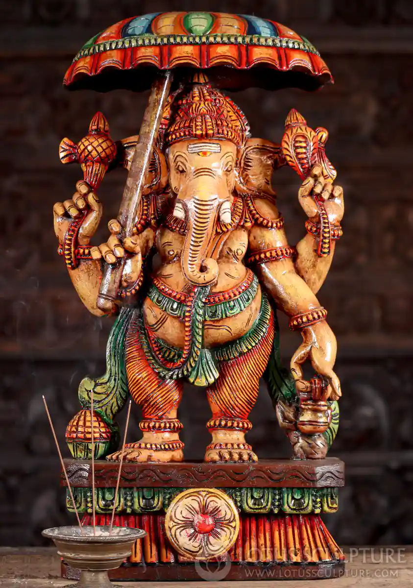 Ganesha Wood Statue as Bridegroom Ganesh with Umbrella, Goad, Noose, and Water Vessel 24"