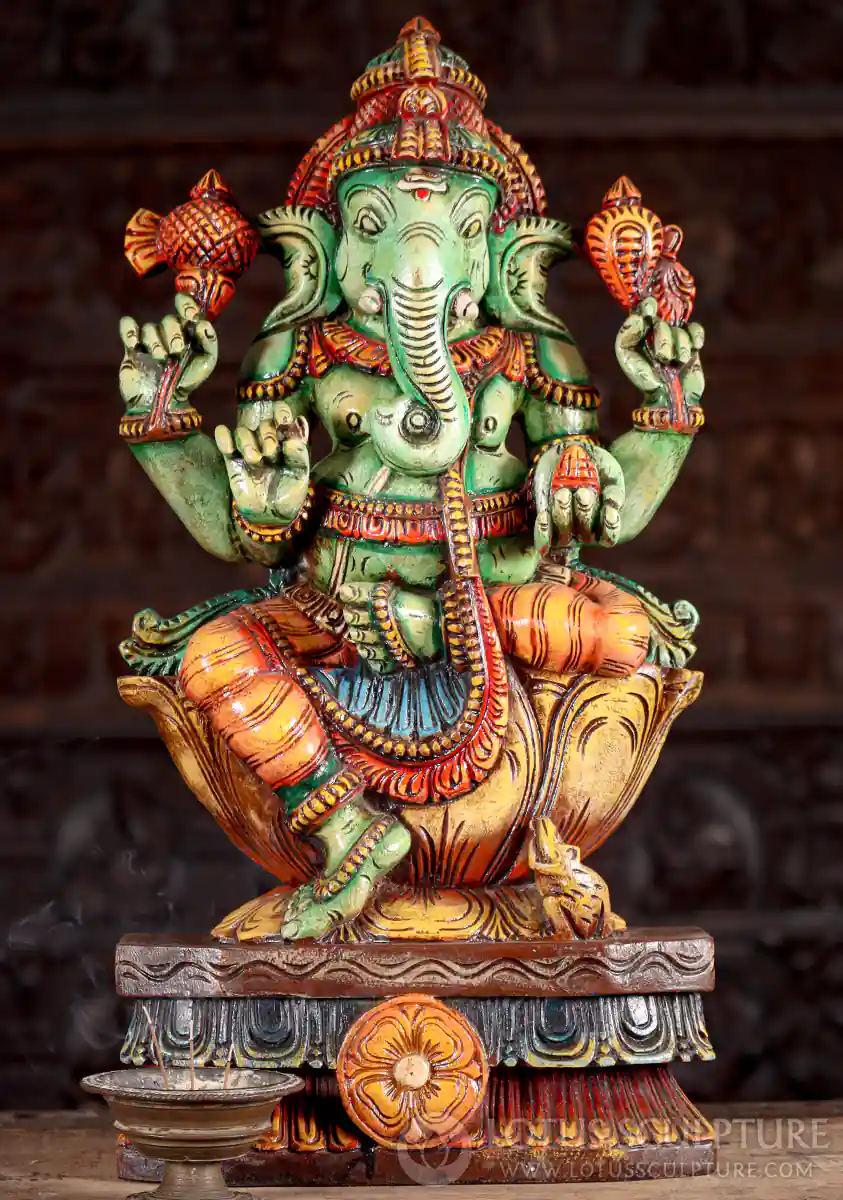 Ganesha Hand-Painted Wood Statue in Lalitasana with Broken Tusk, Laddu, Goad, and Noose 24"
