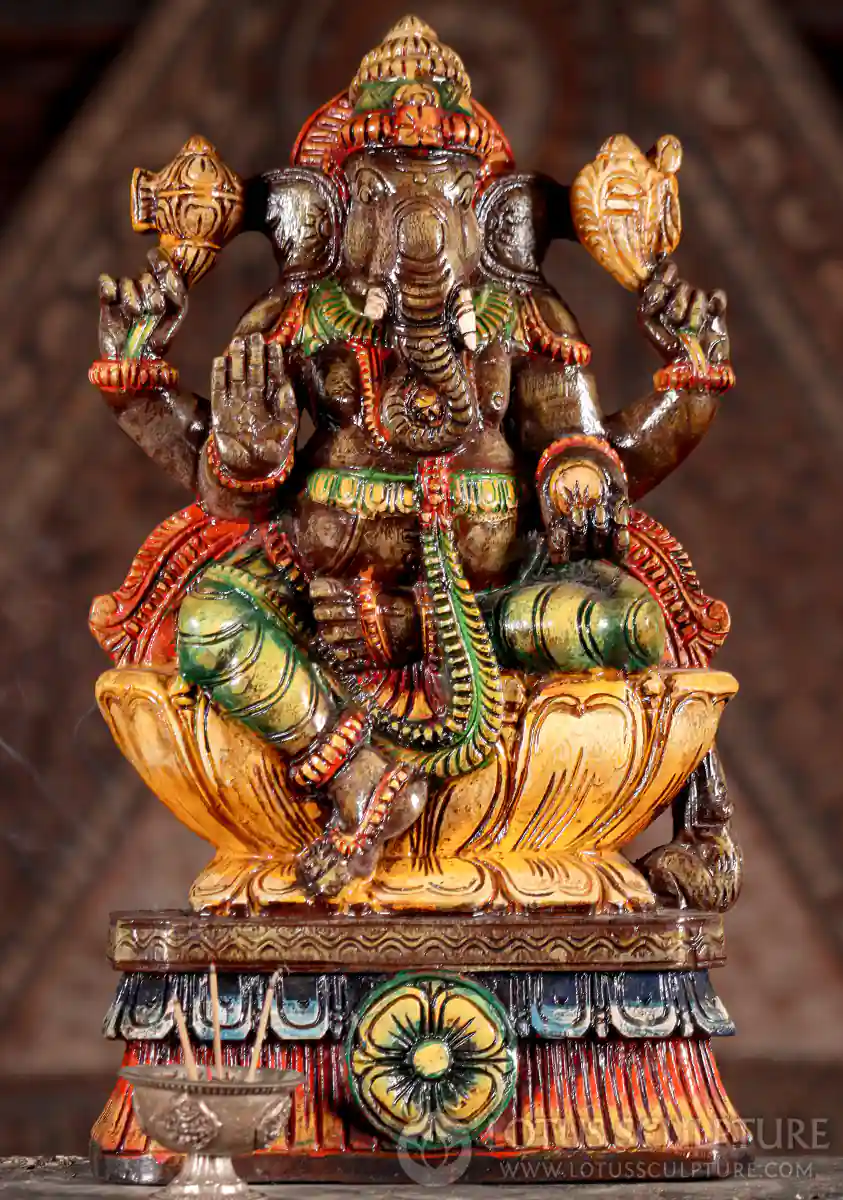 Ganesha Hand-Painted Wood Statue with Mango Slice, Abhaya Mudra, and Mooshika 18"