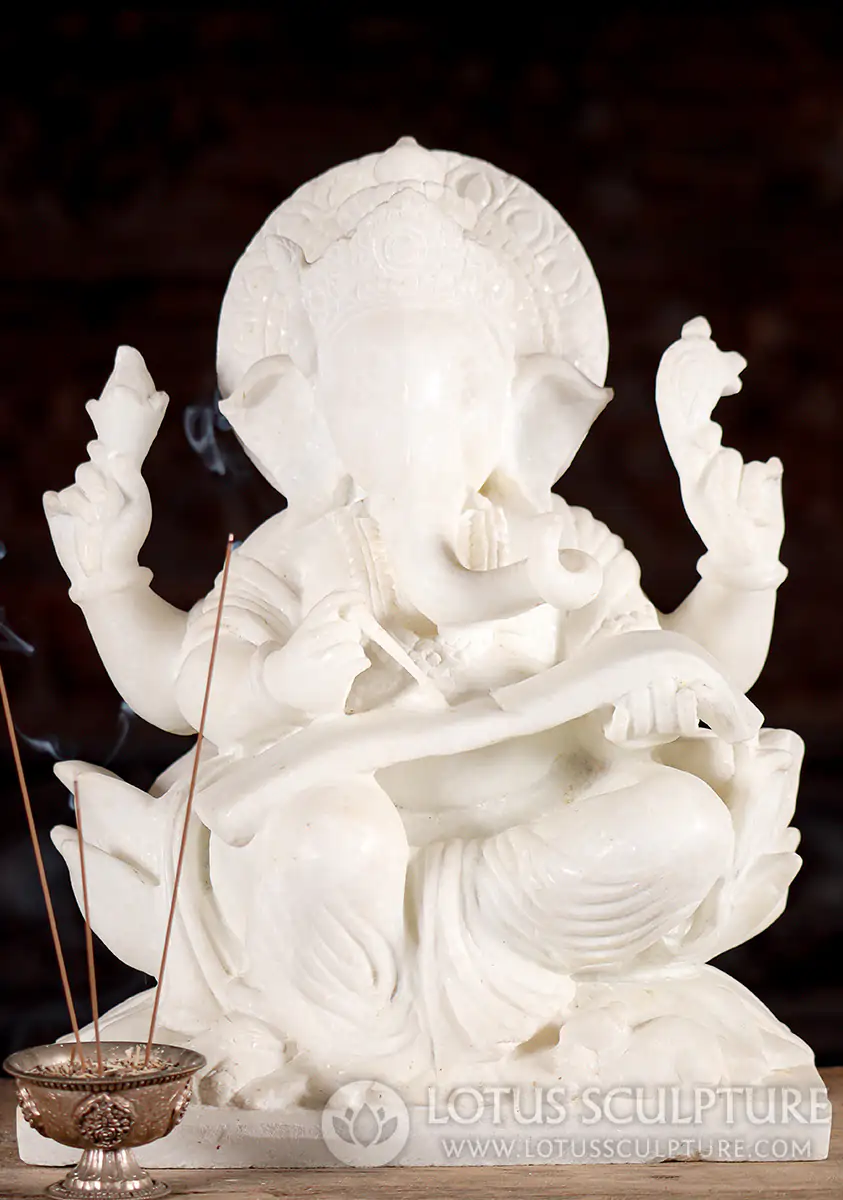 Ganesha White Marble Sculpture Seated  on Lotus Writing Mahabharata Epic 15"