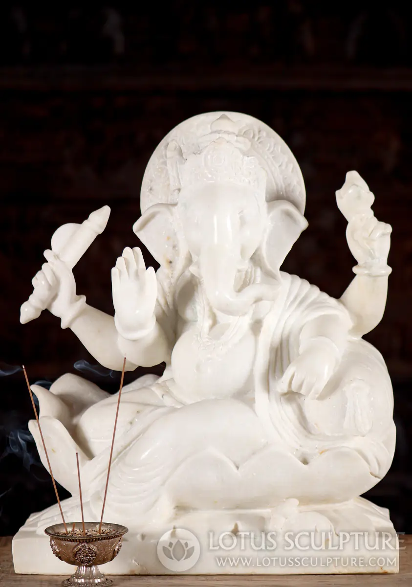 Ganesh White Marble Sculpture Relaxing in Lotus Flower in Abhaya Mudra 16.5"