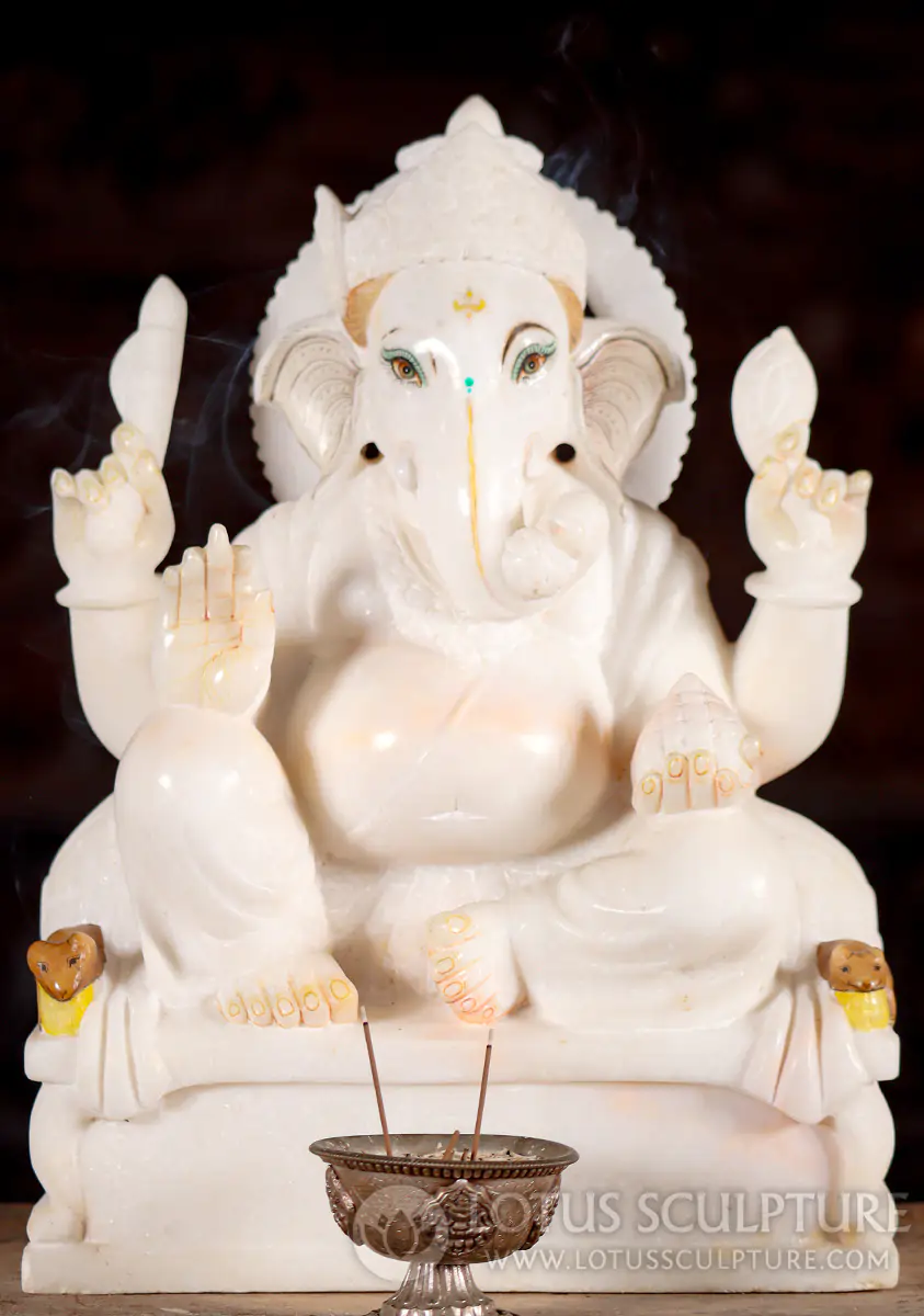 Ganesha White Marble Sculpture Seated with Goad Noose Sweets and Two Rats 13.5"