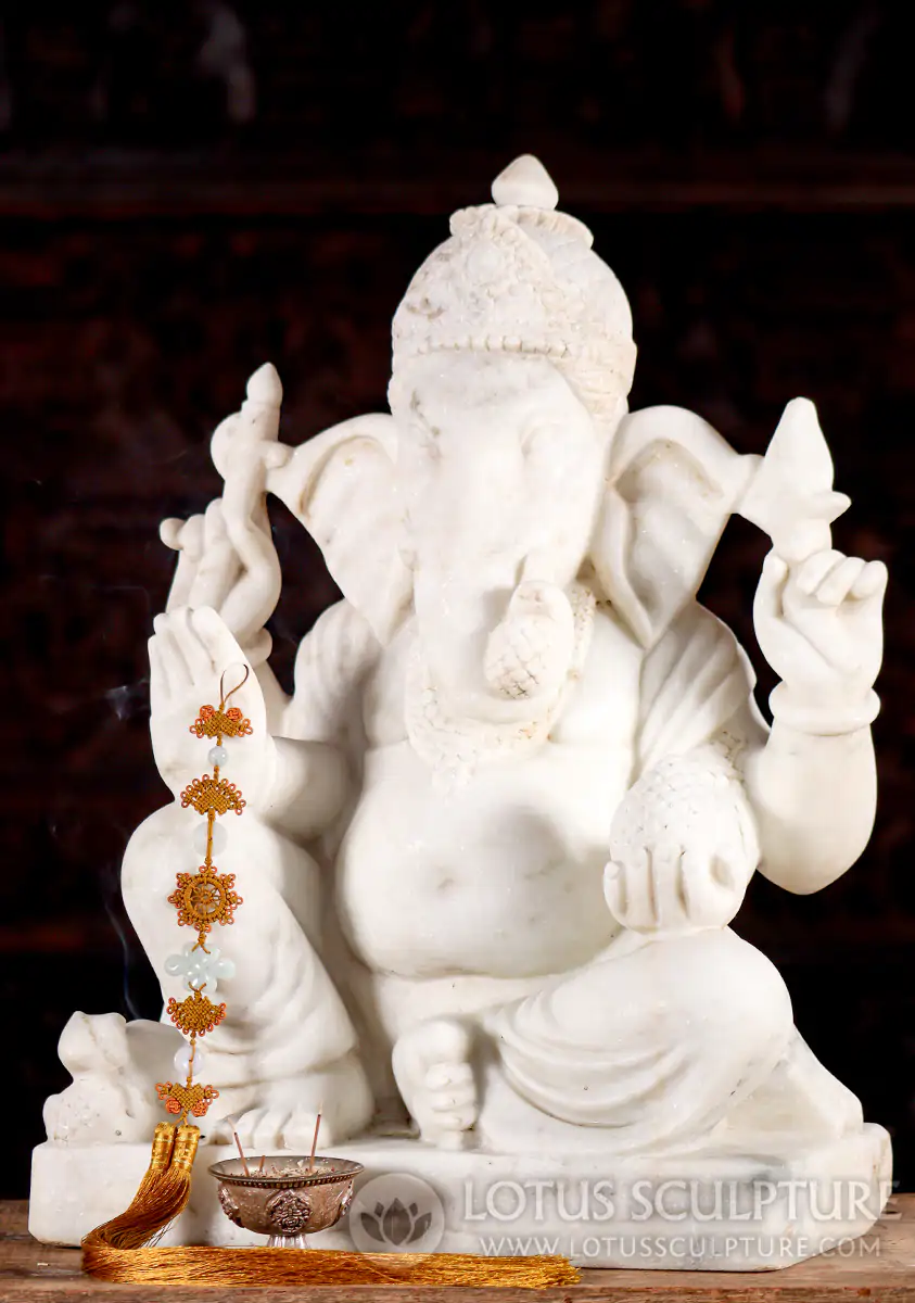Ganesha White Marble Sculpture in Abhaya Mudra of Protection with Curled Trunk 21"