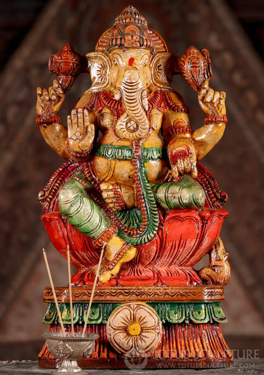 Ganesha Hand-Painted Wood Statue Seated on Lotus with Abhaya Mudra and Mooshika 18"