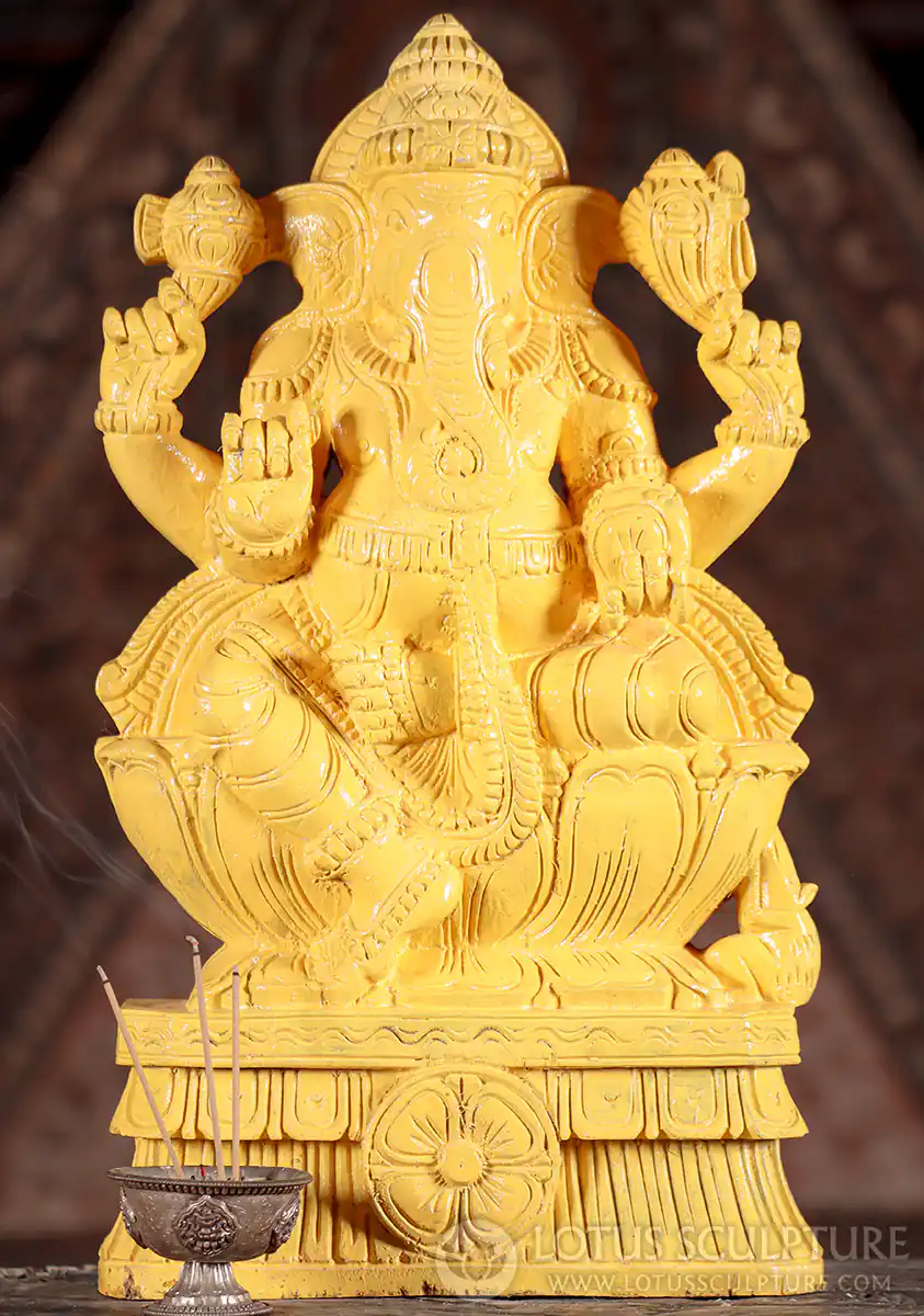 Ganesha Wood Sculpture Ivory Painted Hindu God on Lotus Base with Mooshika 18"