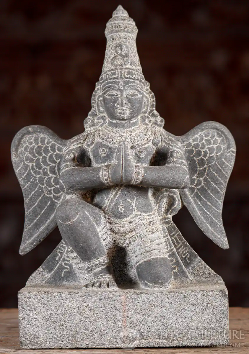 Garuda in Namaste Small Black Granite Sculpture Kneeling with Outstretched Wings 11"