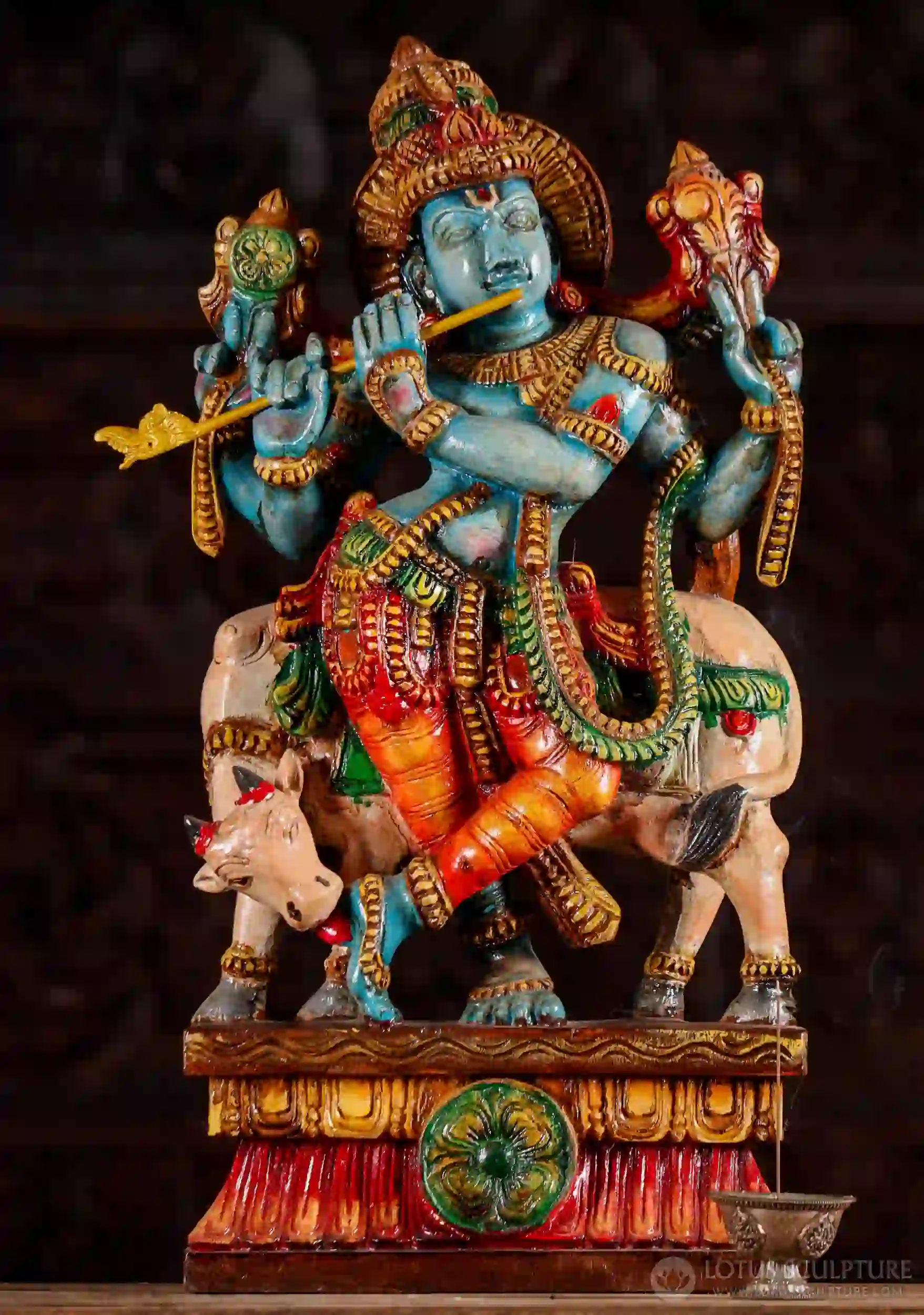 Krishna Hand-Painted Wood Statue Standing on Lotus Base Playing Flute with Cow 24"