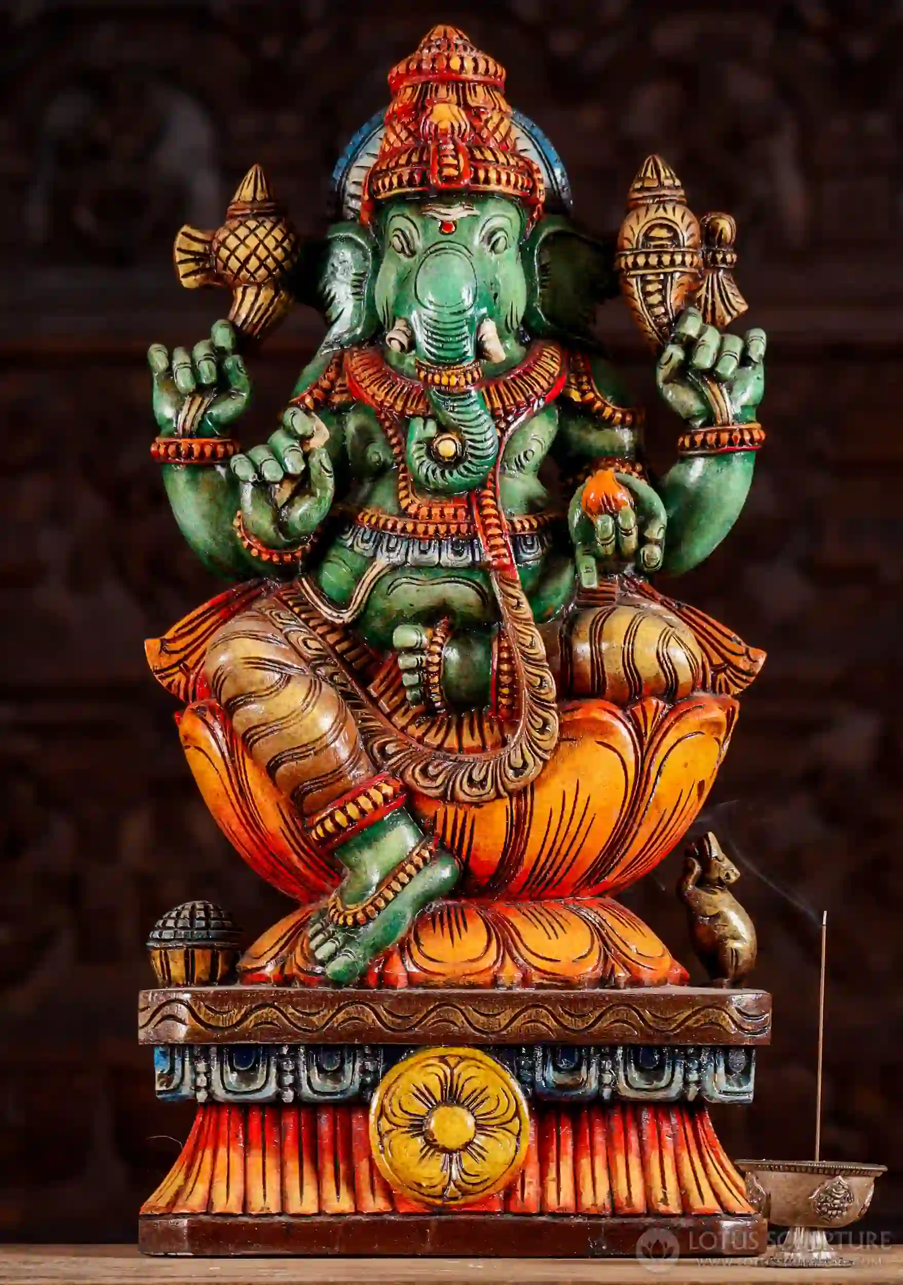 Ganesh Hand-Carved Wooden Statue on Lotus: Tusk, Goad, Mango, Noose 24"