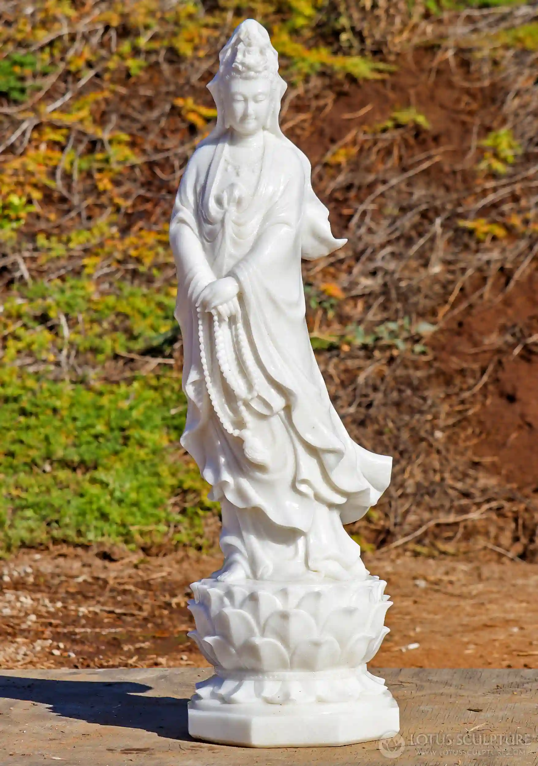 Kwan Yin White Marble Sculpture on Lotus  with Flowing Robes & Mala Beads 40"
