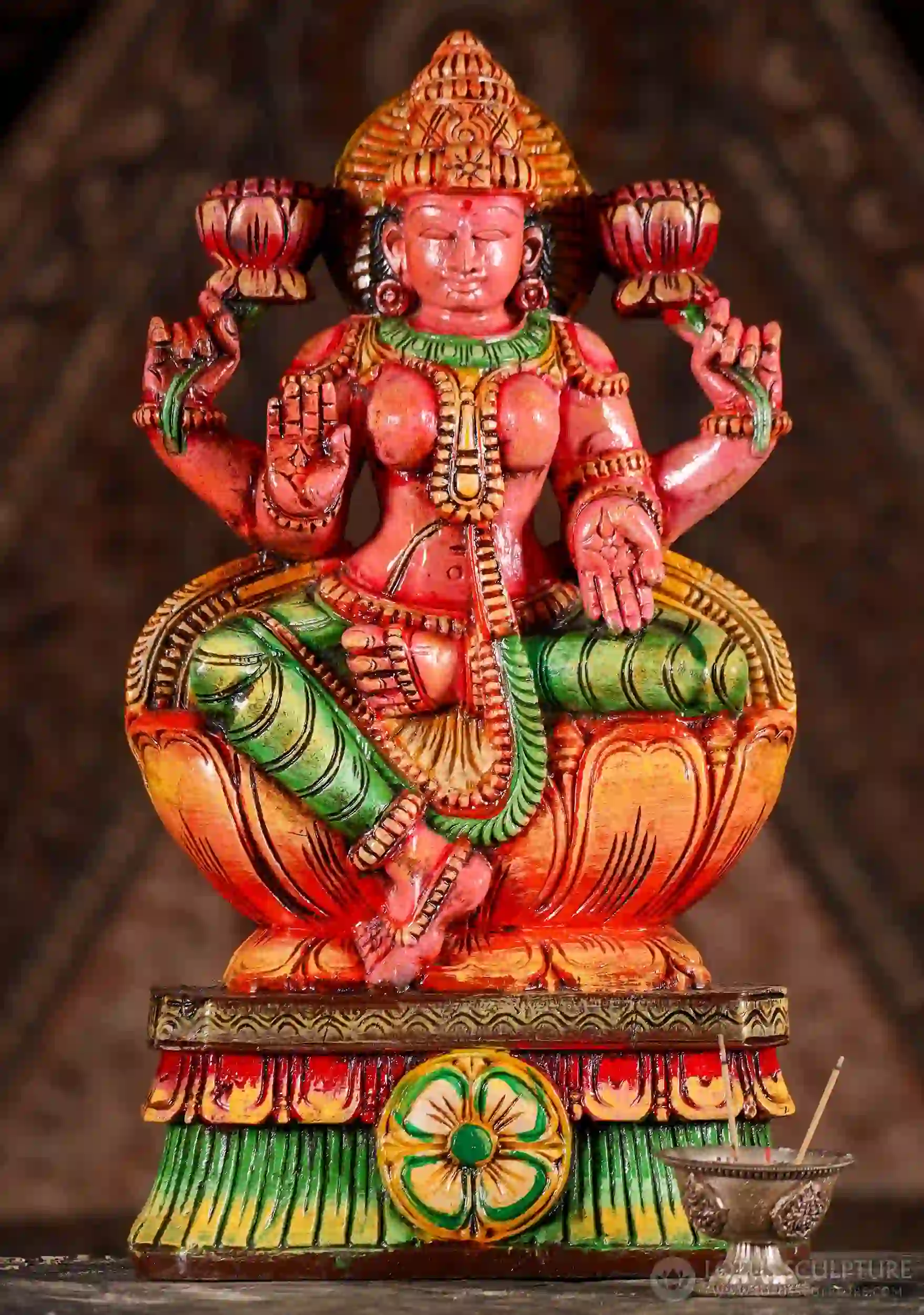 Lakshmi Hand-Painted Wood Statue in Abhaya and Varada Mudras Seated in Lalitasana 18"