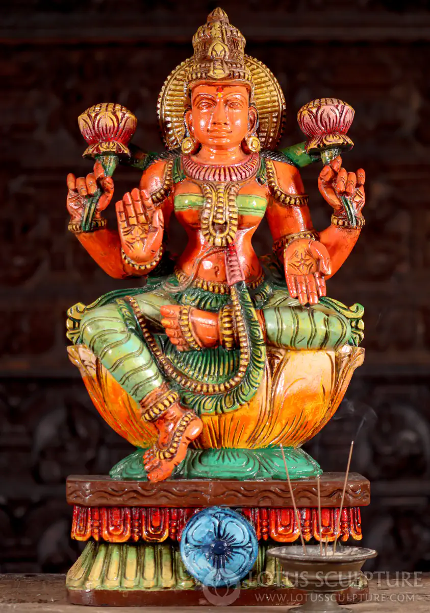 Lakshmi Painted Wooden Lalitasana in Abhaya, Varada & Two Lotuses 24"