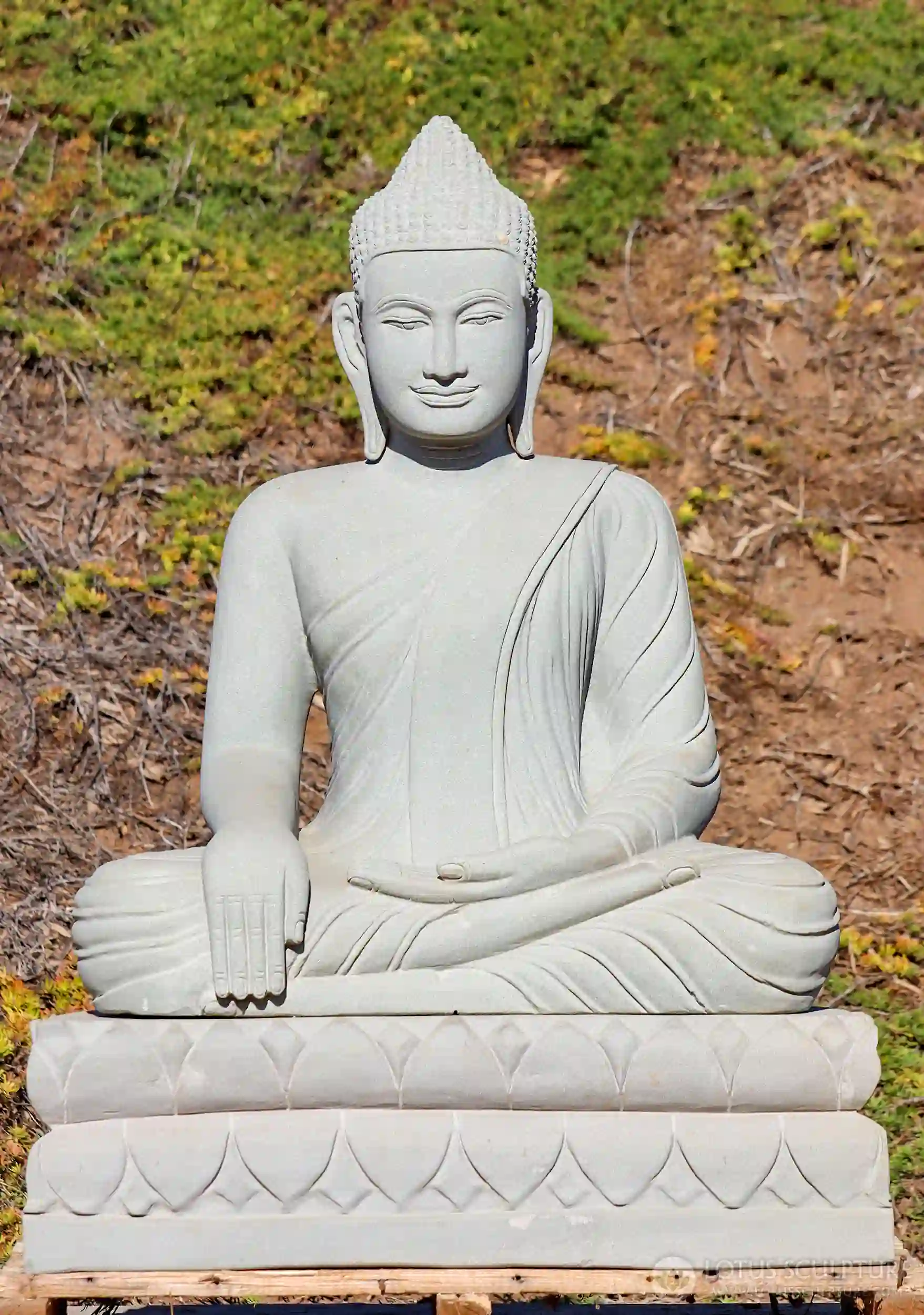 Buddha Sandstone Garden Sculpture in Earth-Touching Mudra & Half Lotus 48"