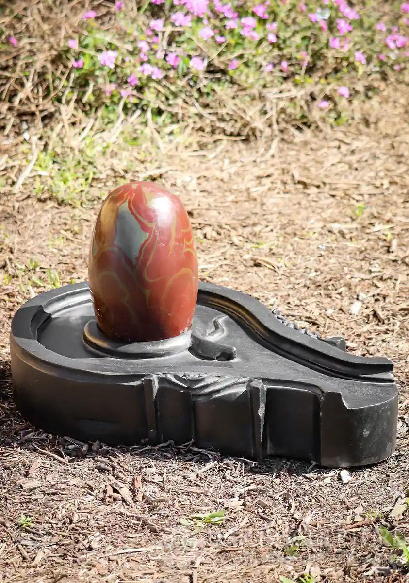 Narmada Shiva Lingam with Red and Grey Marbling on Black Stone Yoni Base 24"