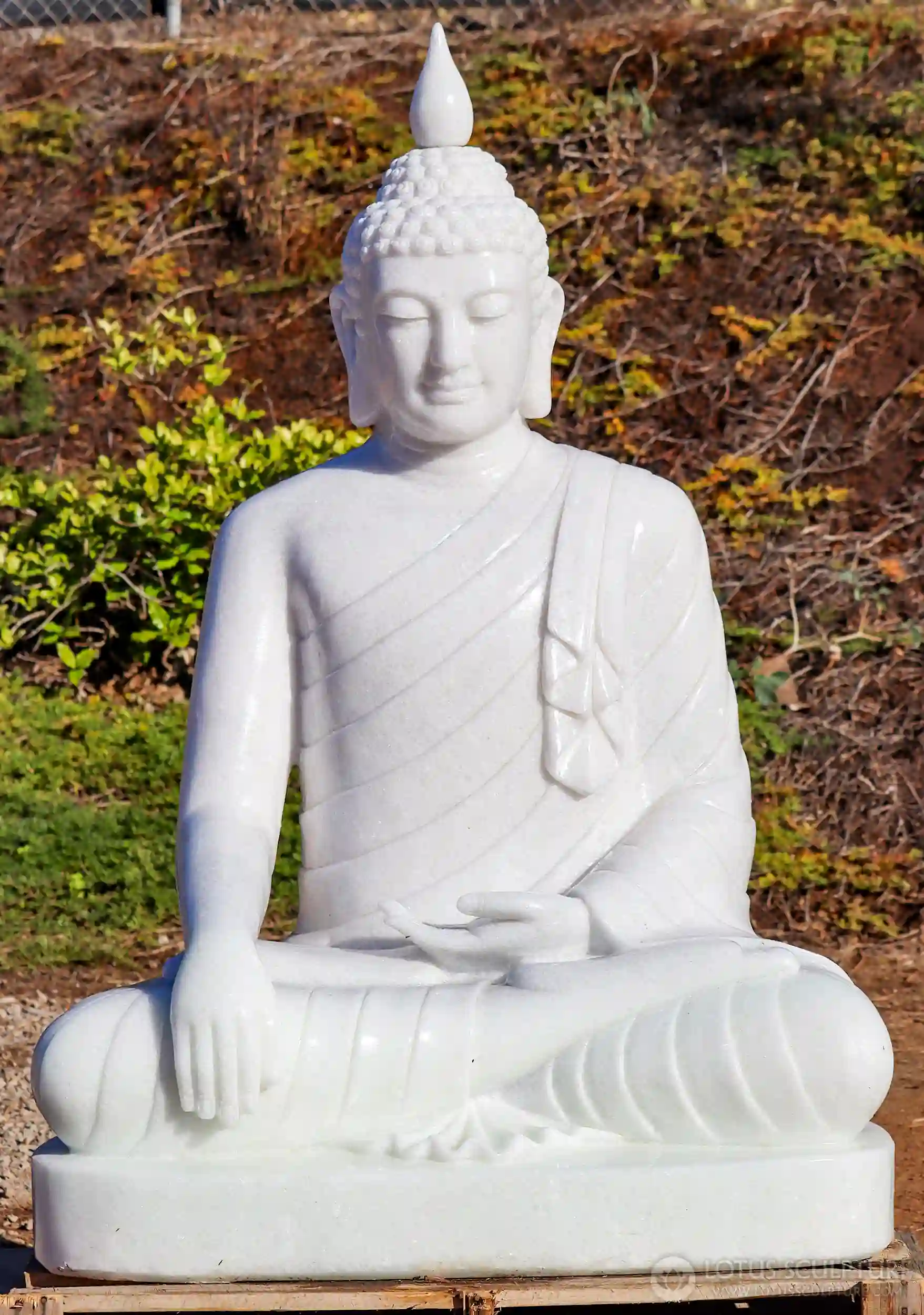 Buddha White Marble Sculpture Earth Touching Mudra with Full Robes & Finial 56"