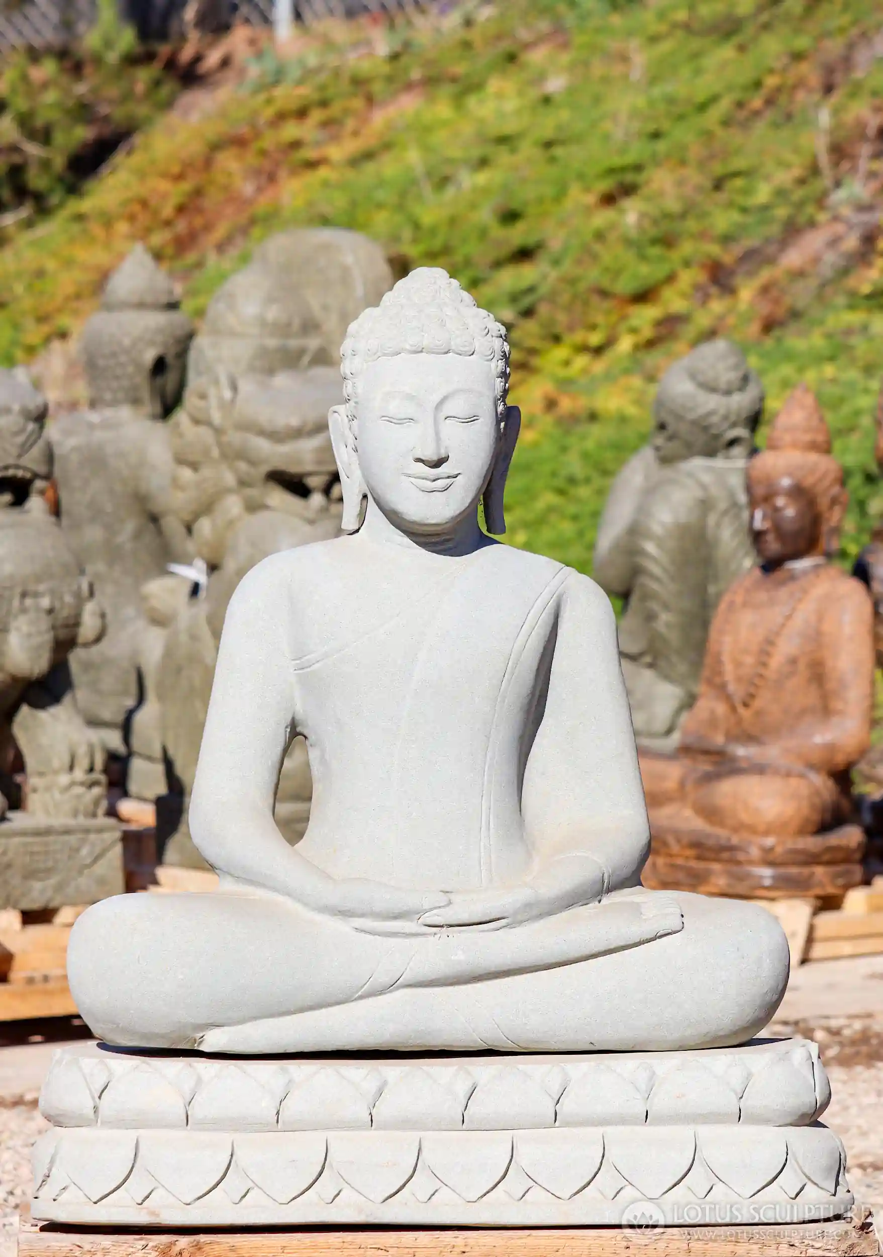 Buddha Garden Sculpture in Dhyana Mudra of Meditation Cambodian Sandstone 32"