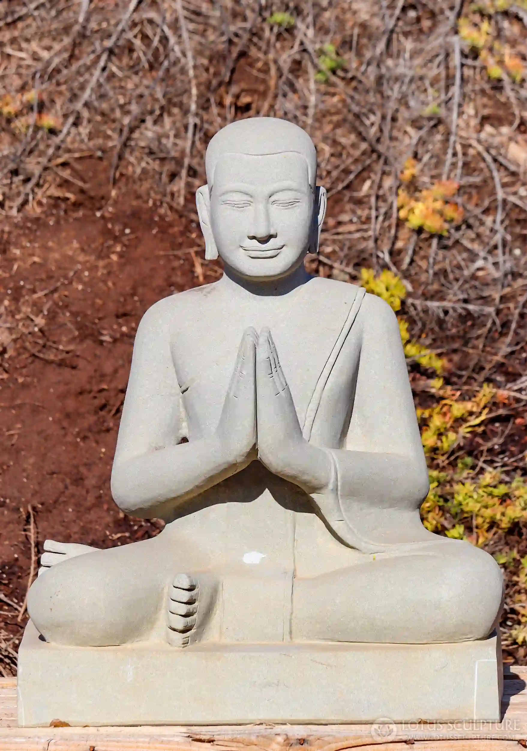 Monk Sandstone Garden Sculpture Anjali Mudra Hand Carved in Cambodia 32"