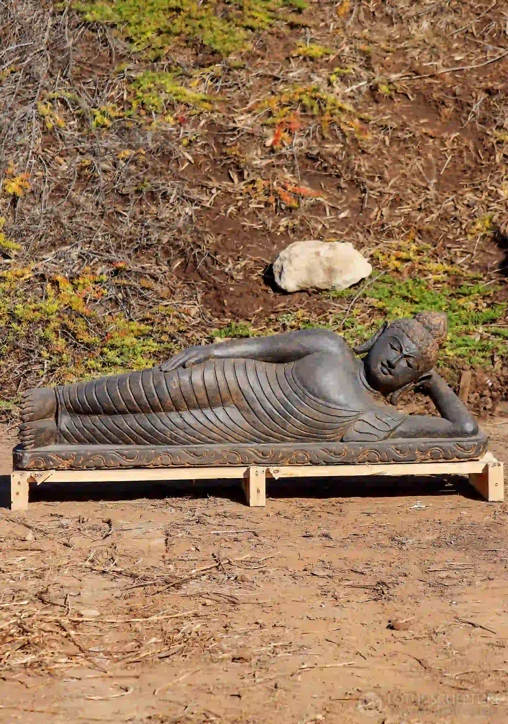 Buddha Lava Stone Garden Sculpture in Reclining Pose & Saffron Color 60"