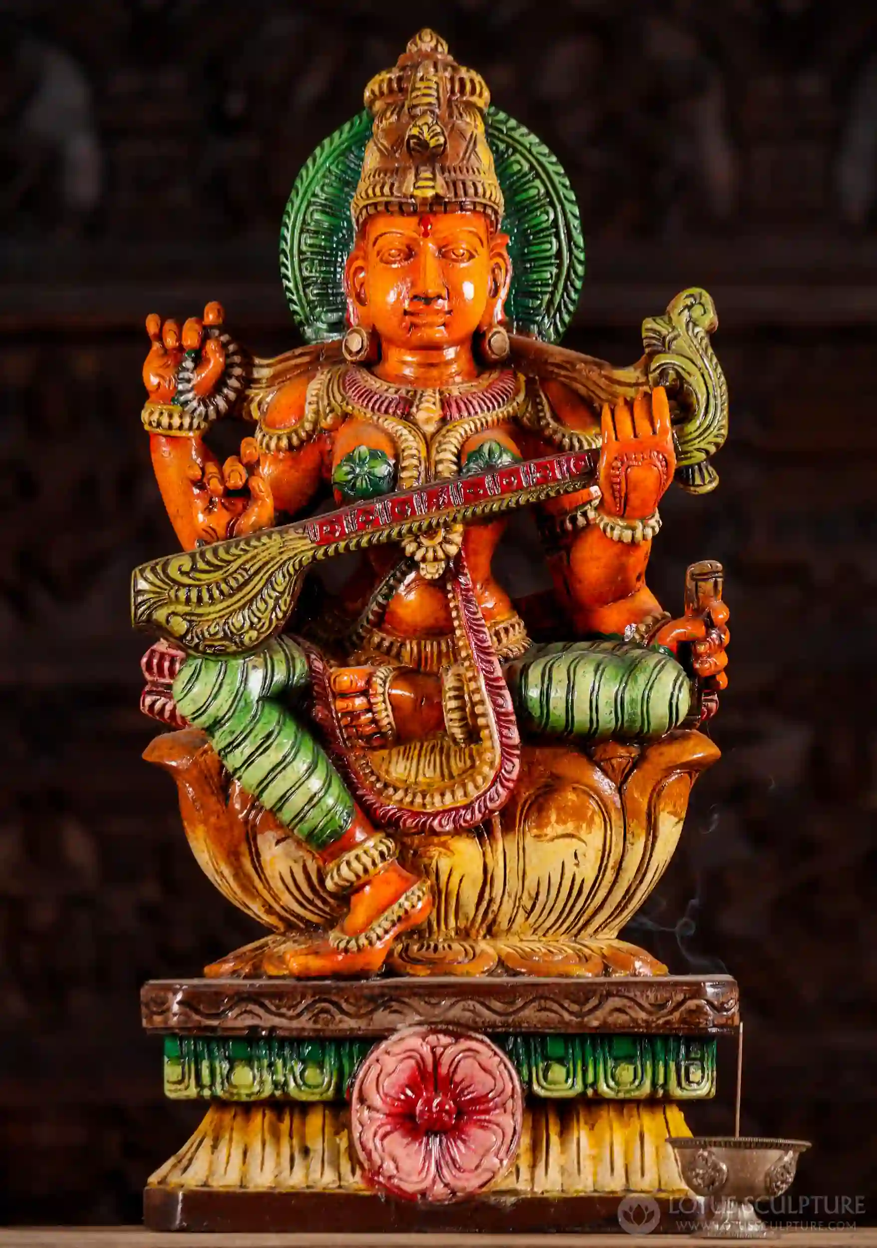 Saraswati Painted Wooden Statue in Lalitasana with Veena, Vedas & Halo 24"