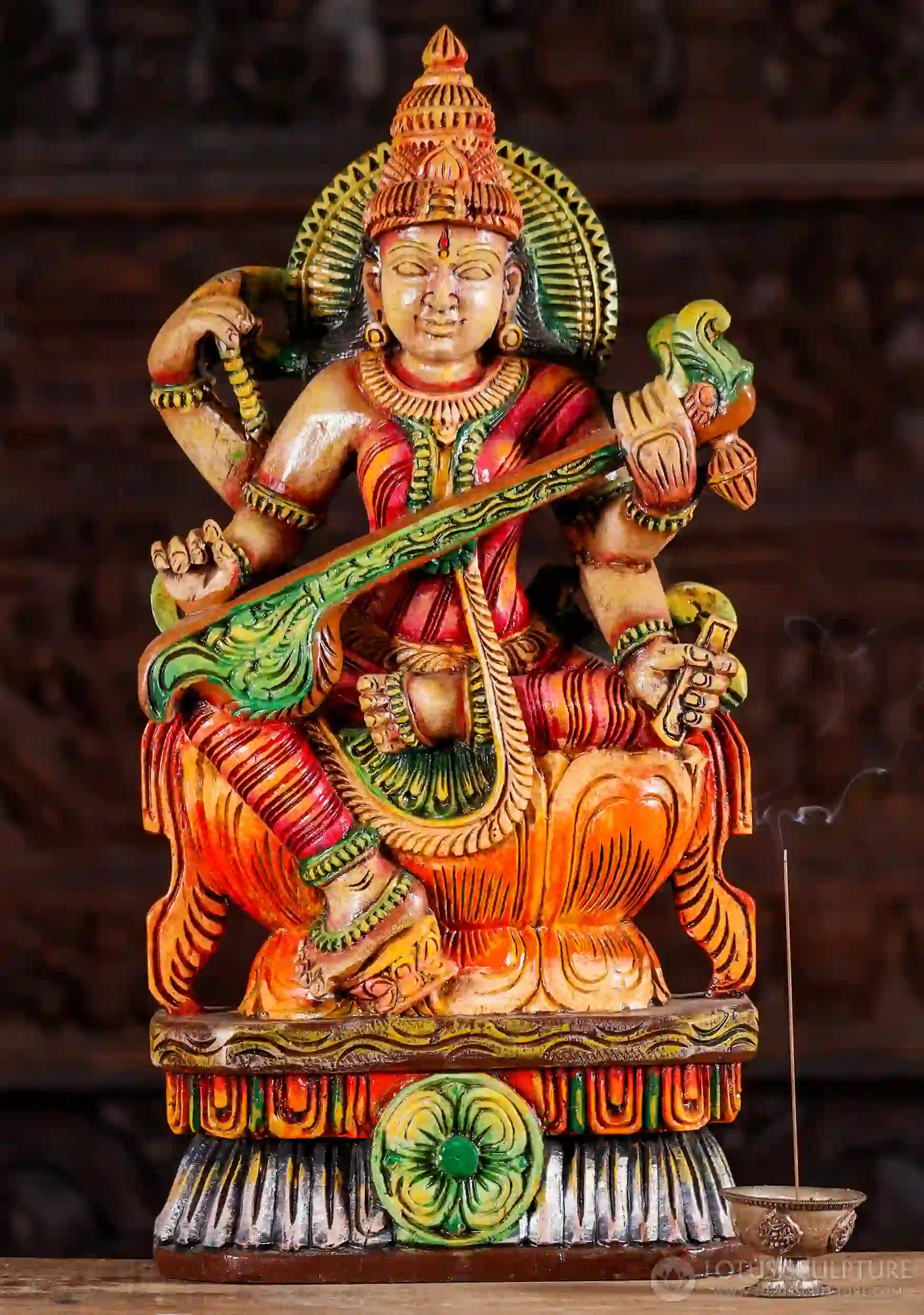 Saraswati Painted Wooden Statue with Veena & Vedas: Foot on Lotus 24"