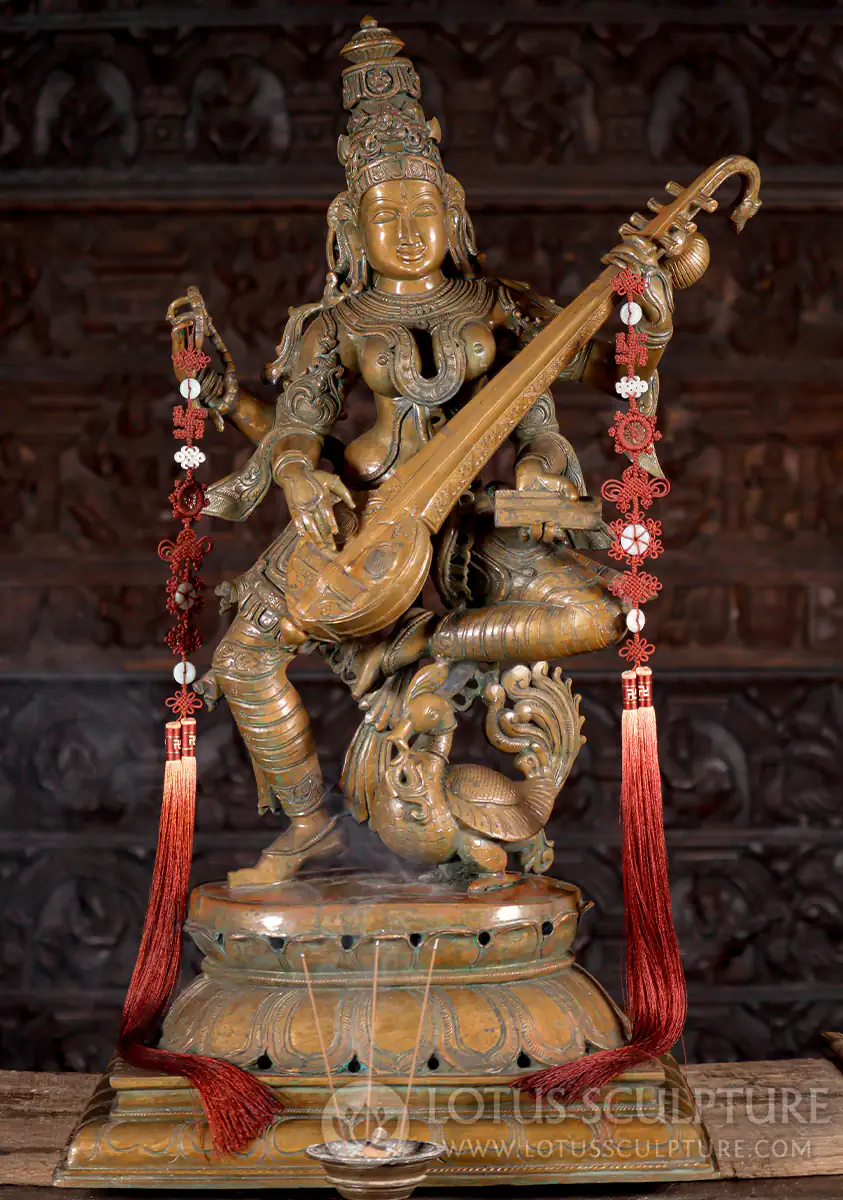 Saraswati Panchaloha Bronze Sculpture Dancing with Veena & Peacock on Lotus Base 36"
