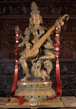 Saraswati Panchaloha Bronze Sculpture Dancing with Veena & Peacock on Lotus Base 36"