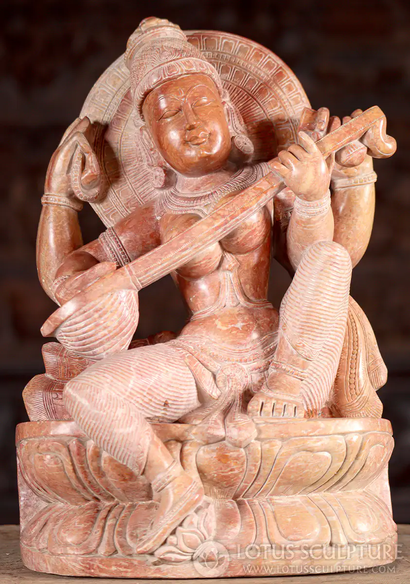 Saraswati Red Marble Sculpture in Lalitasana Playing the Veena on Lotus Base 14"
