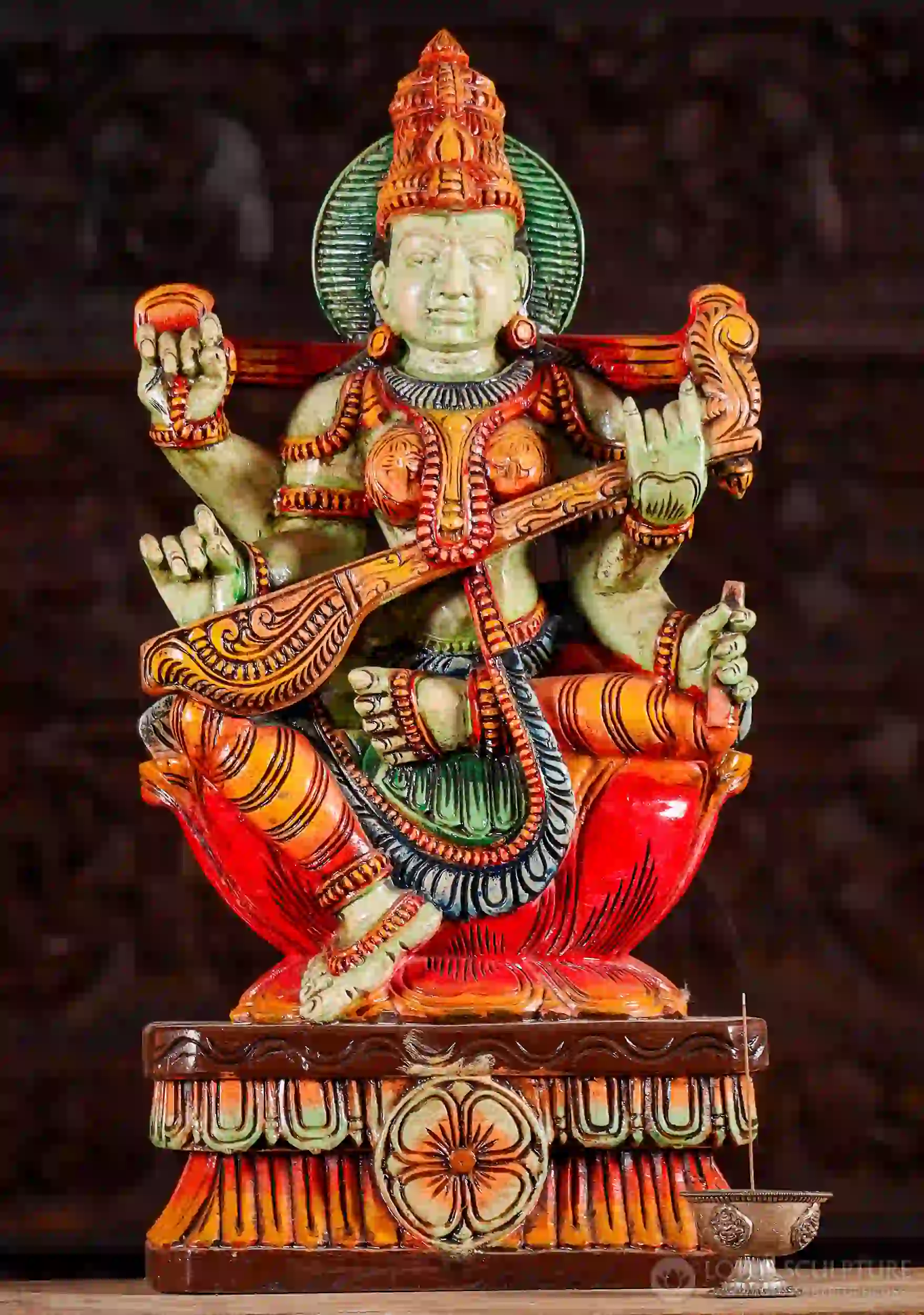 Saraswati Hand-Painted Wood Statue Seated on Lotus Base Holding Veena, Vedas, and Mala 24"