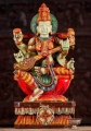 Saraswati Hand-Painted Wood Statue Seated on Lotus Base Holding Veena, Vedas, and Mala 24"