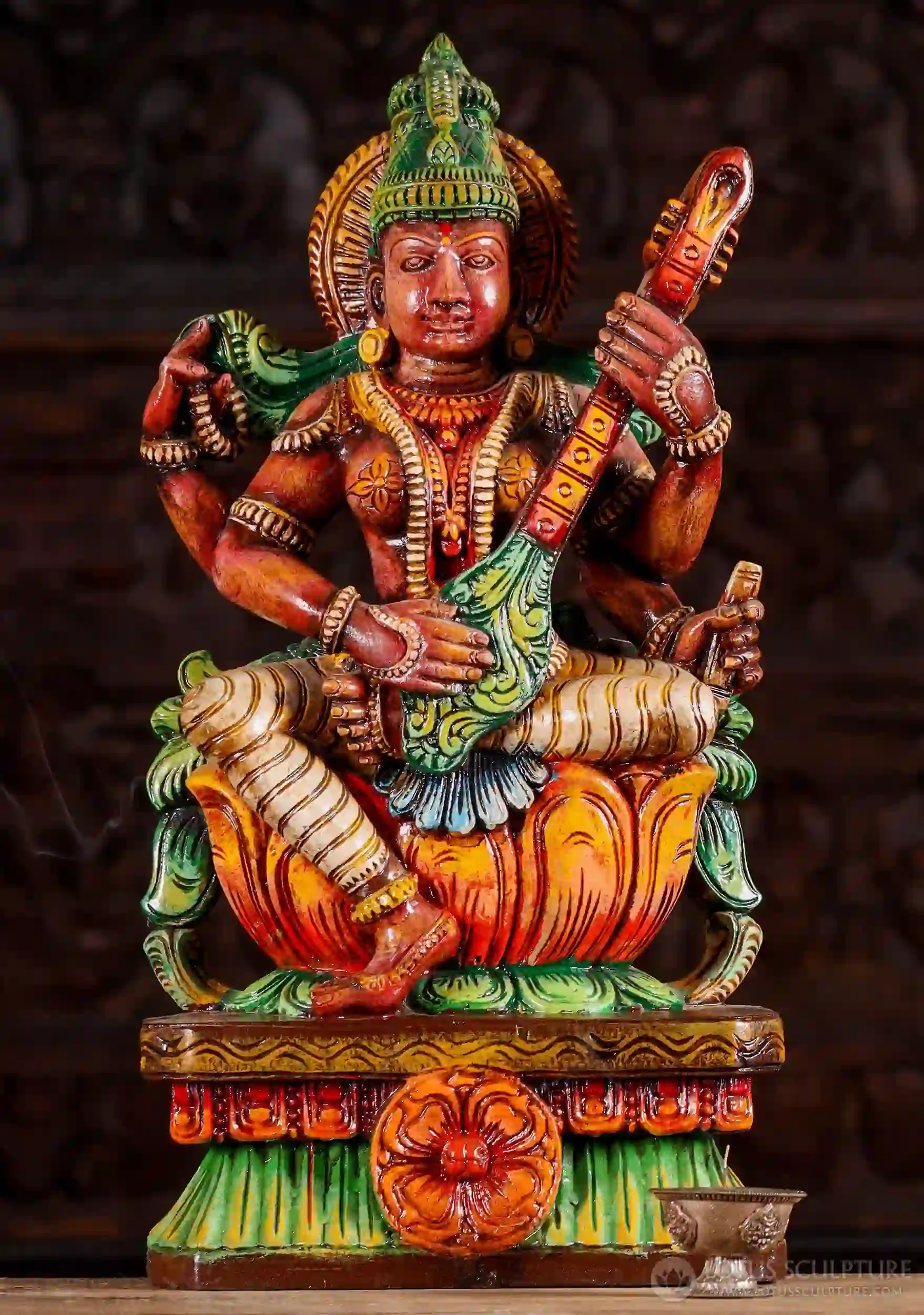 Saraswati Painted Wooden Statue with Veena & Vedas Lalitasana on Lotus 24"