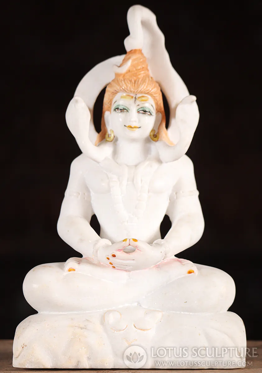 Shiva White Marble Statue in Meditation Double Cobra Halo on Tiger Skin 11.5"