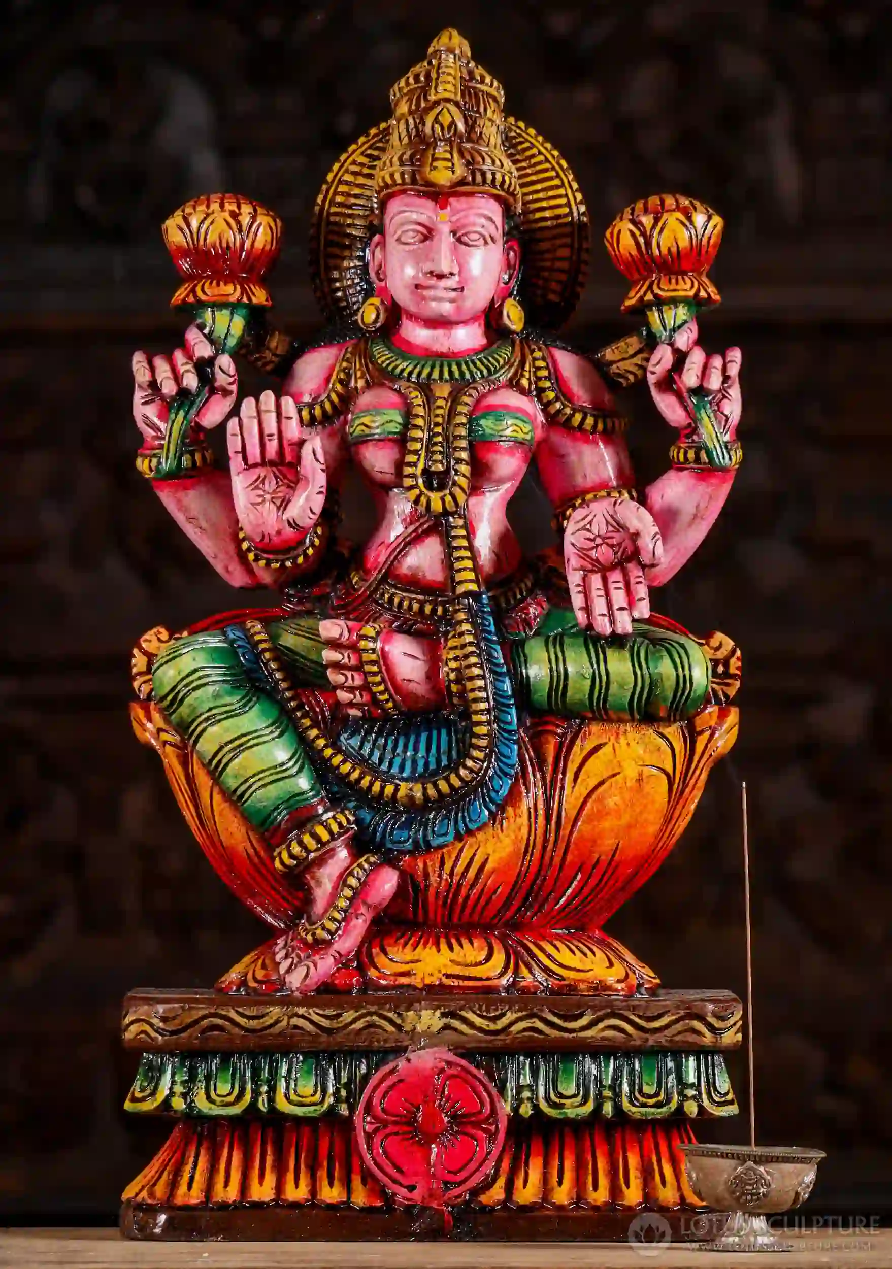 Lakshmi Painted Wooden Statue in Lalitasana: Abhaya, Varada & Lotuses 24"