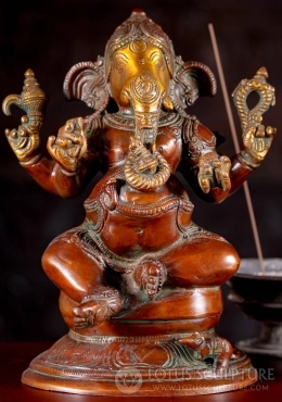 Ganesha Statue in Classic Seated Pose with Wearing Cobra Belt & Vehicle Mooshika Brass 9.5"