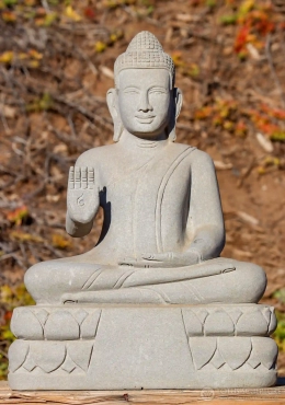 Buddha Sandstone Sculpture in Abhaya Mudra, Seated on Lotus Base, Cambodia 25" Buddha Sandstone Sculpture in Abhaya Mudra, Seated on Lotus Base, Cambodia 25"