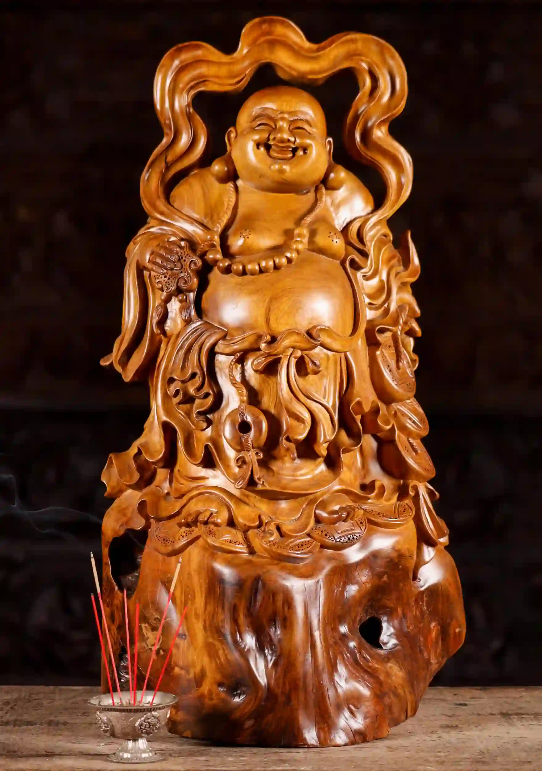 Fat & Happy Buddha of Wealth Sculpture with Smokey Halo - Vietnamese Wood 24"