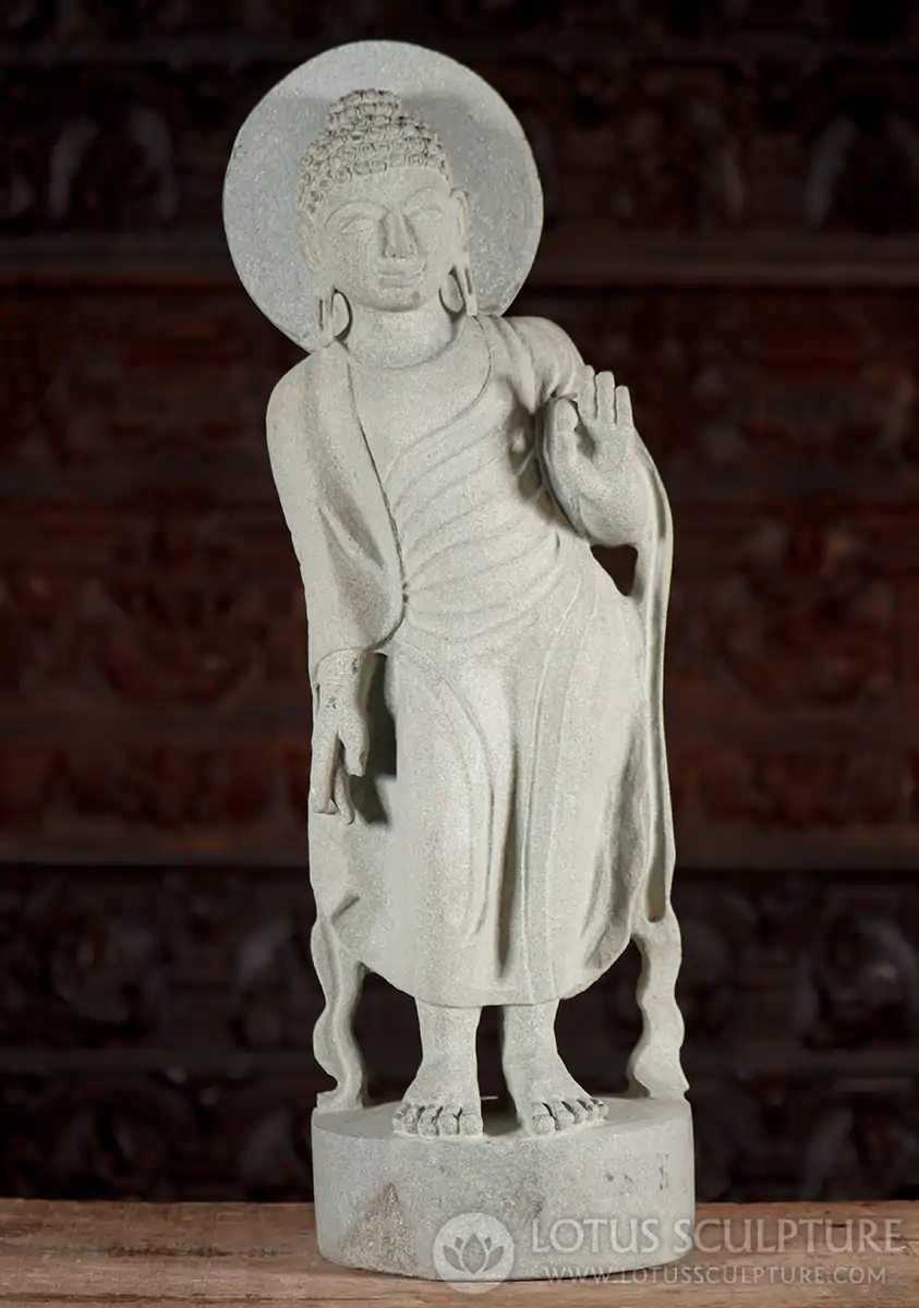 Teaching Buddha Standing Green Granite Vitarka Mudra & Halo on Round Base 29"