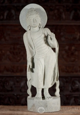 Teaching Buddha Standing Green Granite Vitarka Mudra & Halo on Round Base 29"