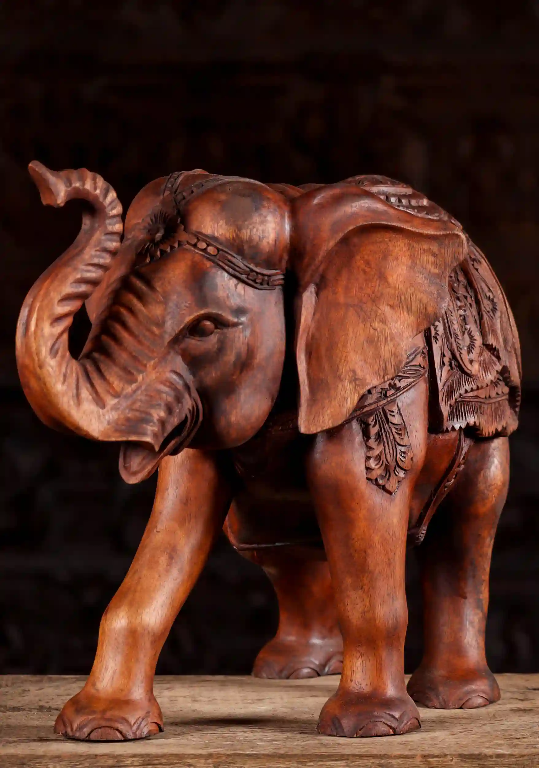 Processional Elephant Wood Sculpture with Decorative Carpet and Curled Trunk 16"