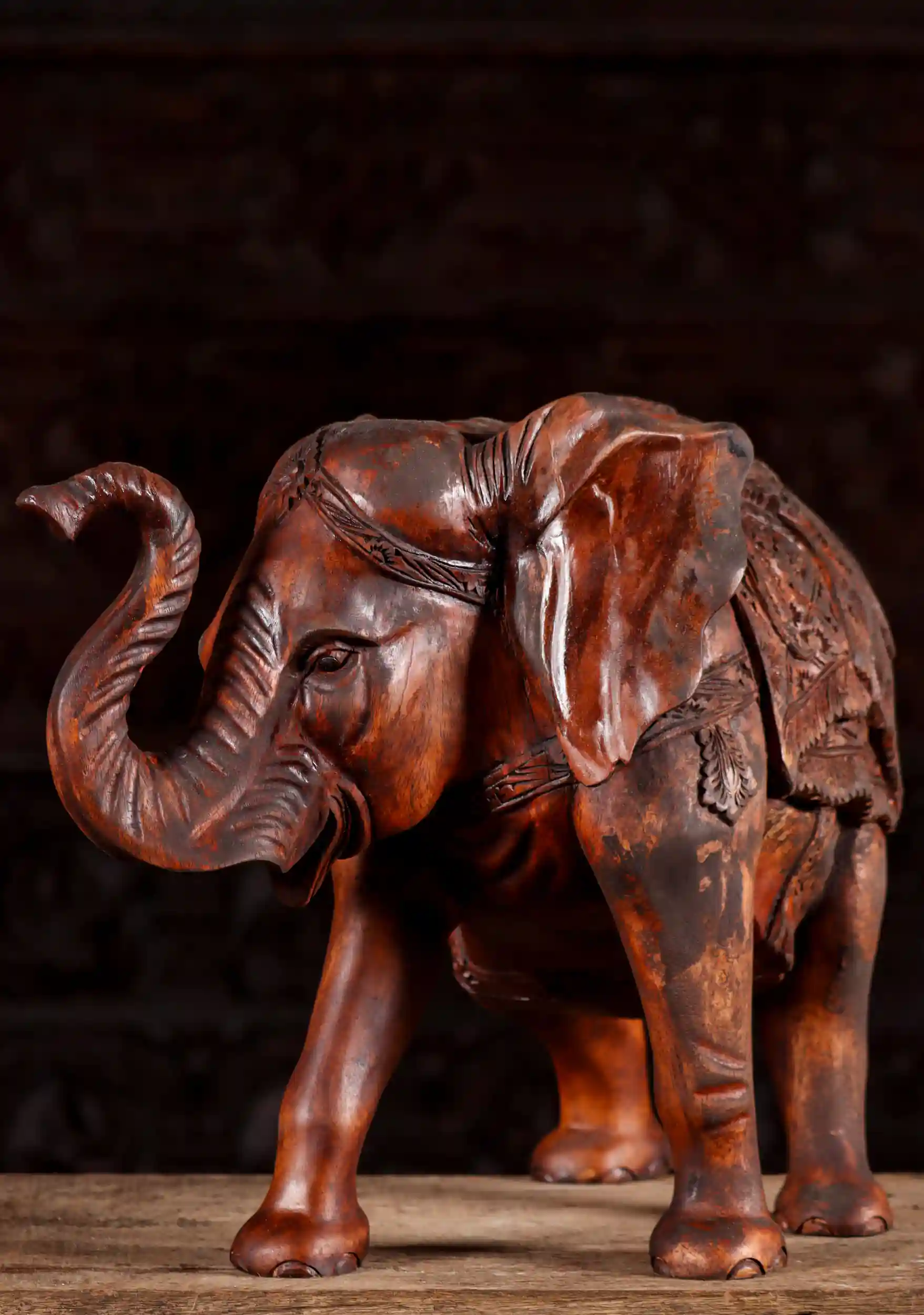 Processional Elephant Wood Sculpture with Decorative Carpet and Curled Trunk 16"