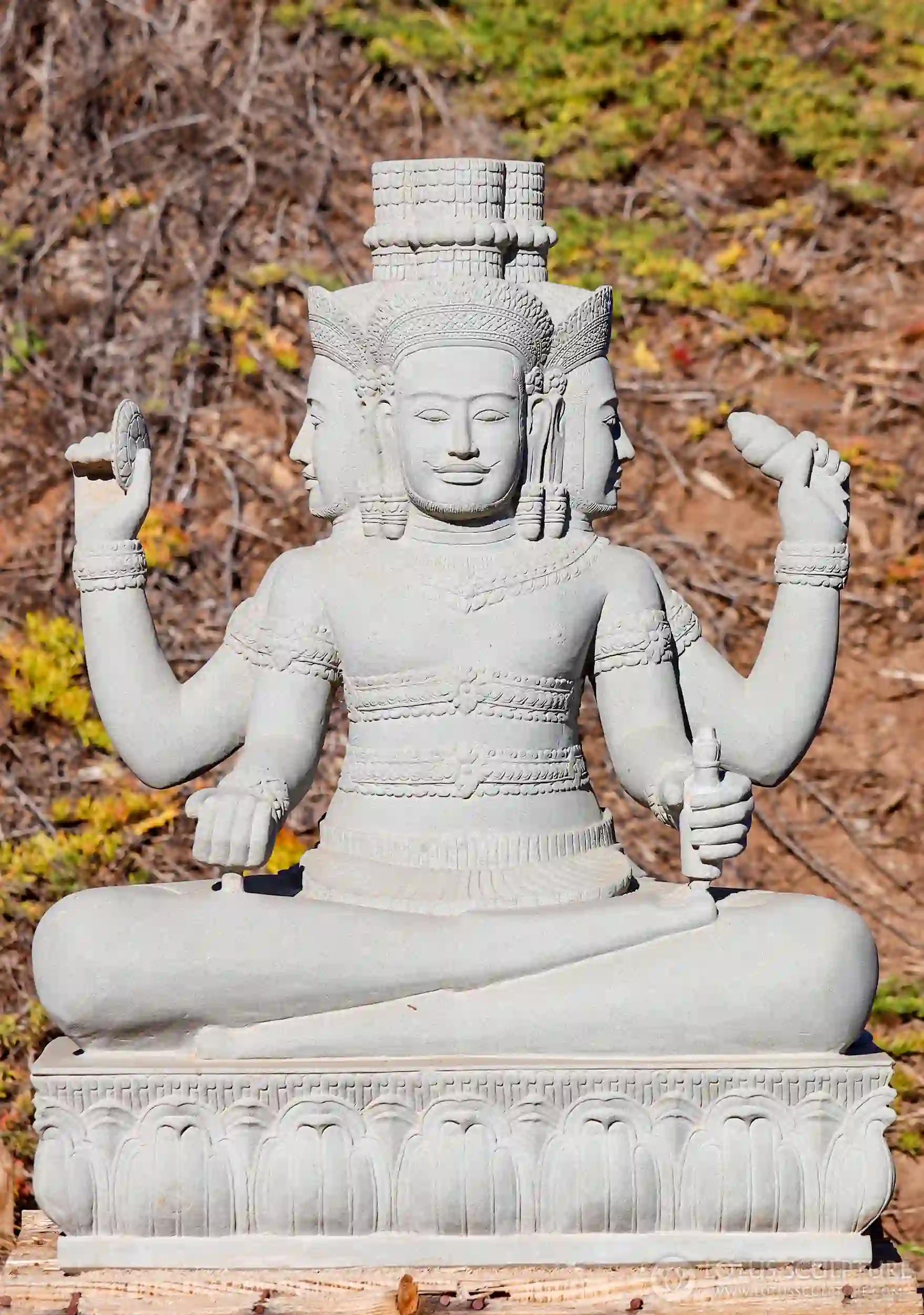 Brahma The Creator Sandstone Statue with Four Heads Seated in Half Lotus, Cambodia 32"